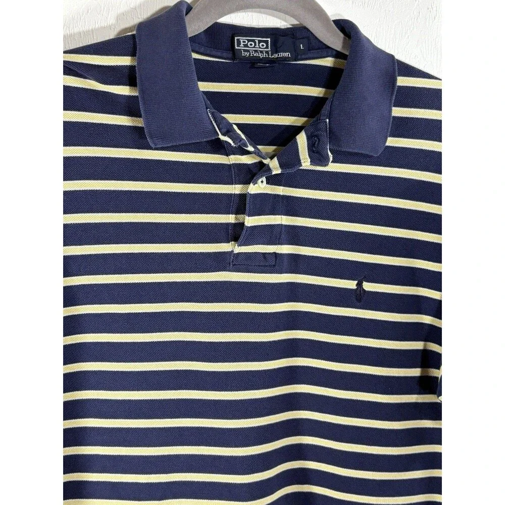 Polo Ralph Lauren Navy Blue Yellow Striped Men’s Large POLO Shirt 100% Cotton